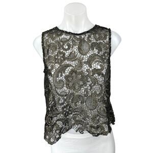 Sans Souci Black Crochet Open Knit Floral Paisley Sleeveless Tank Blouse Top M